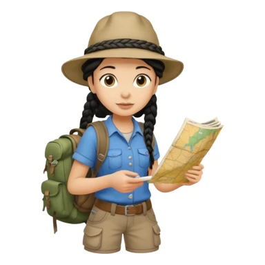A braid black hair backpacking woman checking her map with curious eyes while walking with camping hat and dirt covered bootsfull body sticker