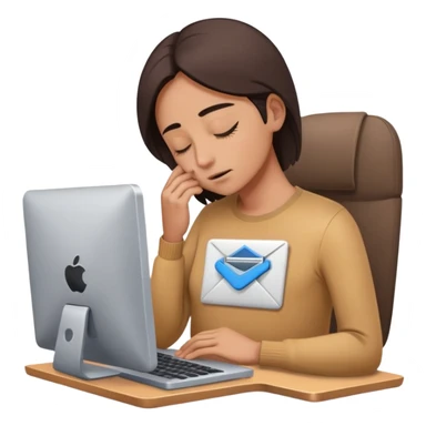 Person with closed eyes, deep breath, hand on chest, computer with email open in front of them sticker