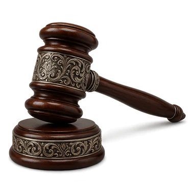 a sophisticated gavel with filigree metalwork, glossy wood, and a regal appearance sticker