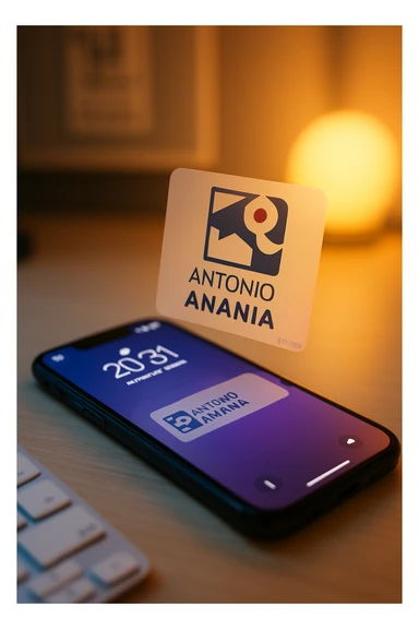 A photo of an iPhone with the message "Antonio Anania" on its screen, both surrounded by soft light and shadow. The phone sits atop a desk with a blurred background that suggests work environment. A faint glow from above casts gentle shadows across the surface of each object, creating depth and highlighting their textures. sticker