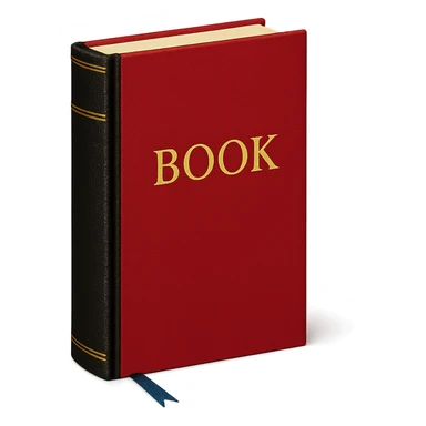 Book with red cover, gold lettering, black spine, blue bookmark, elegant literary style sticker