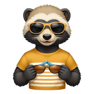 friendly anthropomorphised honey badger, close crop showing head, neck, and top of t-shirt with a graphic print, wearing sunglasses sticker