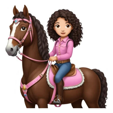 Realistic mixed race girl with long dark brown curly hair, riding a big shire draft horse, wearing pink harness and saddle  sticker