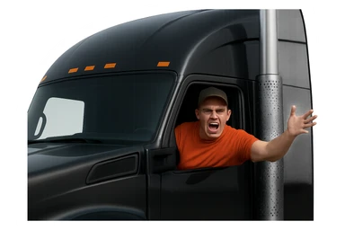 Zoom in closer on the cab of the truck. Make the person in the truck look angry, bald, wearing an orange shirt and a baseball cap. Keep the truck black with a chrome stack. Maintain a transparent background. sticker