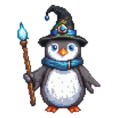 Penguin dressed as a wizard with a magical wand and pointy wizard hat sticker
