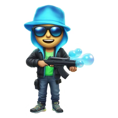 Caucasian boy in glowing rave gear with sunglasses and mask and hat and shooting a bubble gun sticker