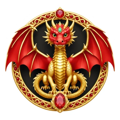 Golden Dragon with wings crest/brosch in a circle with red gems sticker