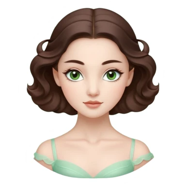Cinema Realistic Ballerina Portrait, with porcelain-like skin featuring a natural rosy flush, illuminated by soft lighting that highlights the gentle contours of her face. Her Brunette hair flows in soft.Her deep green light eyes radiate framed by arched brows and long lashes. sticker