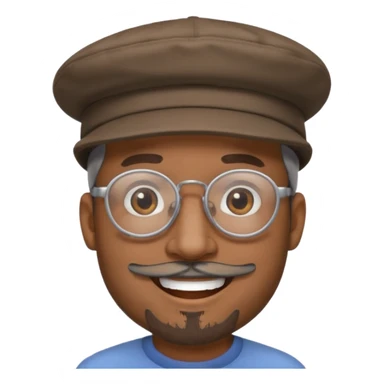 Brown man smiling no teeth showing with hat, clear glasses and gray goatee sticker