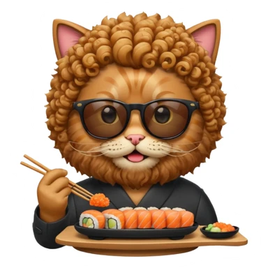 HAPPY CAT WITH CURLY HAIR AND A BIG BEARD wearing sunglasses and eating sushi sticker