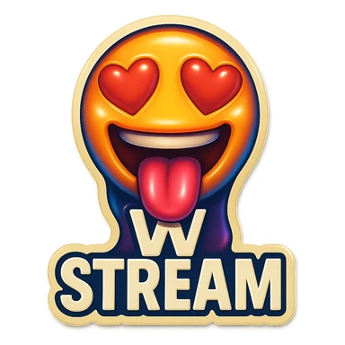 mouth open with tongue out heart shaped eye add the words “ W Stream " in White sticker