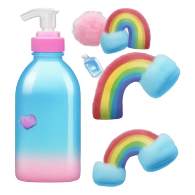 A blue UGGs, a cotton candy color water bottle, a rainbow hand sanitizer in the shape of a square sticker