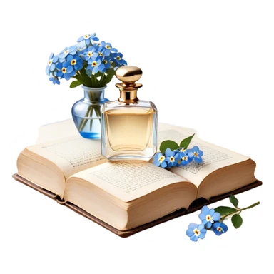 A tender and romantic arrangement of a vintage glass perfume bottle with a golden cap, placed next to a silk-bound book of poetry, with white roses and blue forget-me-nots artfully scattered around.
 sticker