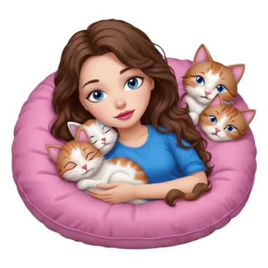 girl with long wavy brown hair, blue eyes, long lashes makeup, sexy pink lips, sleeping on a cozy pillow with 6 cats sticker