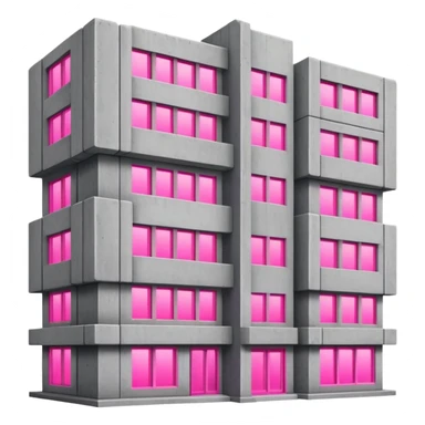 Brutalist gray concrete building with multiple windows where only one window glows bright pink and the rest are normal sticker