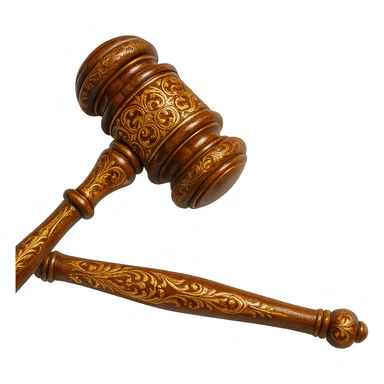a luxurious gavel with elaborate carvings, gold inlays, and a shiny finish sticker