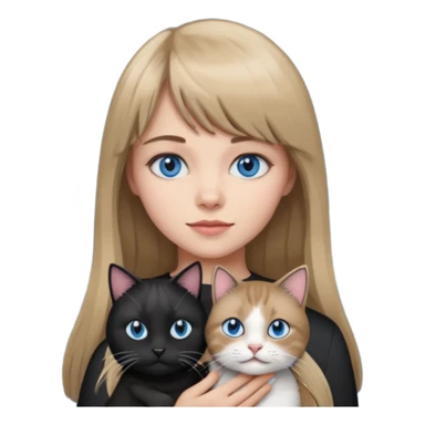 Apple-style emoji sticker of a young woman with long dark blond hair and bang, blue eyes , holding a cat black and white sticker