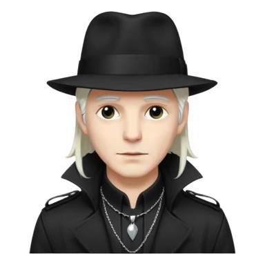 Male Goth with Fedora
 Sleek long hair, white skin, black trench coat, silver necklace visible under coat, white long hair sticker
