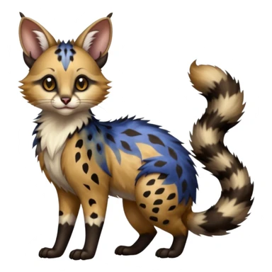  ink-black fur laced with oil-slick bronze and abyssal cobalt runes fur with random dark markings beautiful elegant pretty precious cute  Fakémon-Pokémon-opossum-feline-serval-caracal-chinchilla-Furret-Minccino-hybrid-creature with a big fluffy bushy tail (full body) sticker