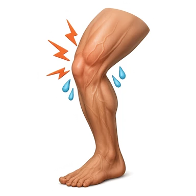 realistic human leg with overload indicated by pain symbols like lightning bolts and sweat drops, contracted muscles, 3D effect, isolated on white background sticker