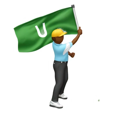 Golfer jumping up in the air with a golf club in hand on the putting green with the flag in the hole sticker