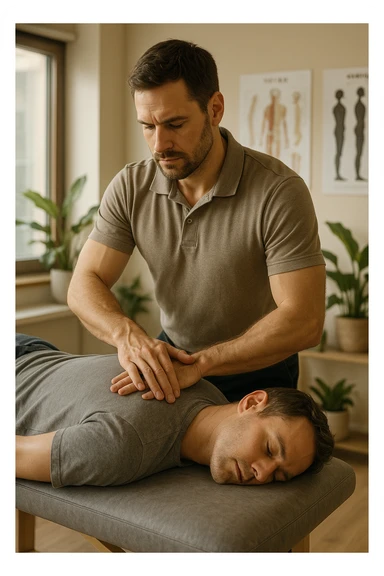 A realistic, cinematic illustration of a professional osteopath in his late 30s, wearing a fitted polo shirt in a neutral color, performing gentle manual manipulations on a patient to improve posture. The osteopath uses precise hand placement along the patient's upper back and cervical spine while the patient lies on a comfortable treatment table in a bright, modern clinic. Anatomical posters showing the spine and posture alignment are on the wall, and the room has warm, natural lighting with plants for a calming atmosphere. The scene emphasizes hands-on osteopathic care to restore body alignment, spinal mobility, and posture, showcasing trust, professionalism, and holistic care sticker