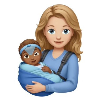 Caucasian woman with light brown wavy hair and blue eyes and dark skinned one newborn in carrier sticker