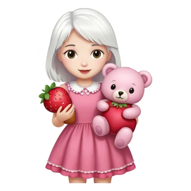 girl with white hair holding a strawberry wearing a pink dress holding a teddy bear sticker