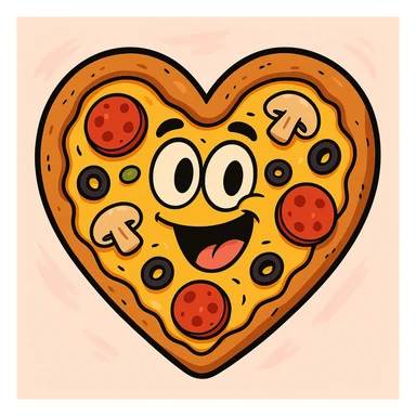 a pizza in the shape of a heart, with visible toppings, appetizing and fun, cartoon style, playful and colorful sticker