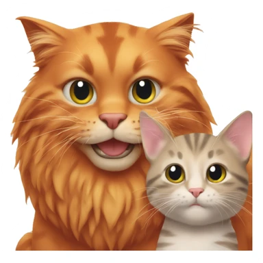 A big red cat playing with a small kitty sticker