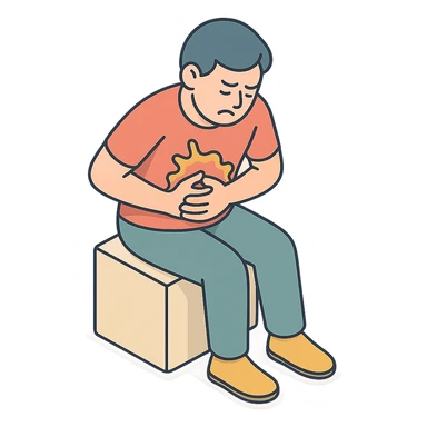 person (patient) holding stomach in pain, cringing from discomfort, 2D isometric style, soft rounded shapes, detailed shadows and highlights, clean contours, pastel palette, modern illustration, transparent background sticker