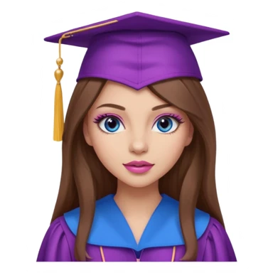 girl with gorgeous long brown hair, blue eyes, long lashes makeup, sexy pink lips, wearing a purple and pink graduation cap and gown sticker