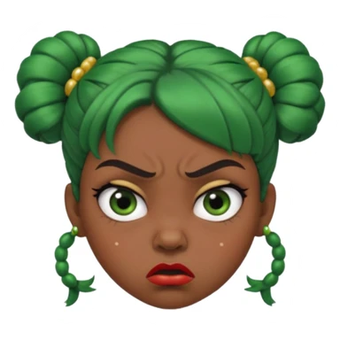 Create a 3D cartoon-style girl character with dark skin, round face, angry expression, big wide eyes, and tightly styled double buns made of green beaded hair. The girl should look irritated, eyebrows sharply angled, and lips pressed in a frown. sticker