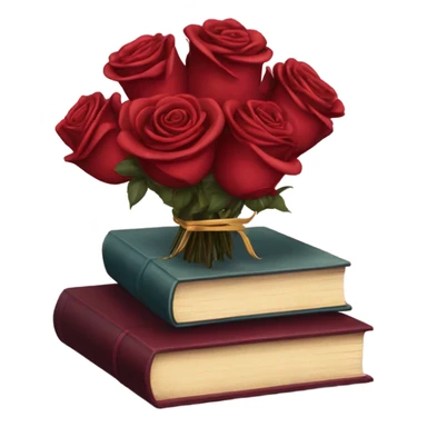 A red stack of books with a maroon bouquet of vintage-style roses and a silk ribbon sticker