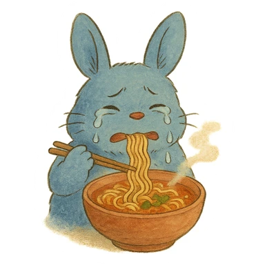 blue bunny crying while eating spicy ramen, soft Ghibli style sticker