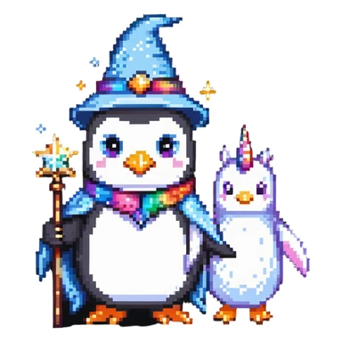 a penguin wizard with magical sparkles and a unicorn companion sticker