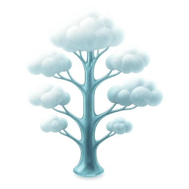 one tree with many branches and a white trunk, crown made of small very bright white fluffy convex clouds, matte glass style sticker