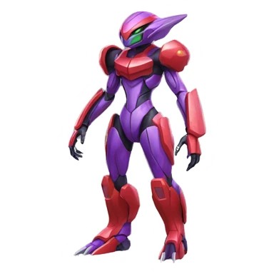 a shiny purple-green-red Genesect-Raptor-Fakémon—hybrid with a futuristic visor-helmet full body sticker