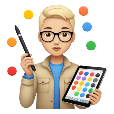 Emoji of a designer: creative expression, holding a stylus or tablet, with color palettes or design software icons around sticker