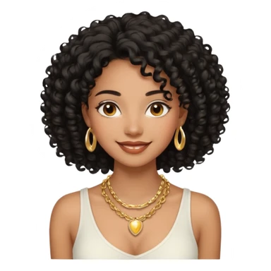 a young woman.She has voluminous, curly black hair that frames her face beautifully. Her skin tone is black light and glowing, and she has a subtle, natural makeup look. She’s smiling softly at the camera. She is wearing a white top sticker