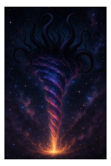 A cosmic tornado wormhole, swirling with nebula colors, with several large, sinister tentacles of an elder god protruding from the top, surrounded by stars sticker