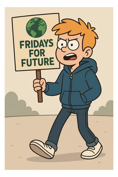  Fridays for Future a boy Yellow Orange hair blue jackets hoodie dark blue jeans white shoe  sticker