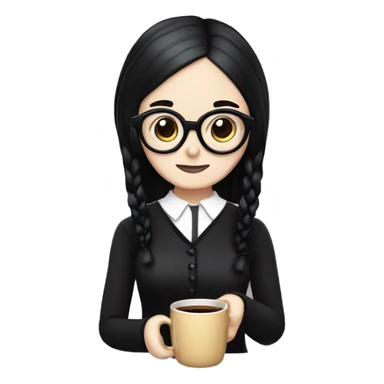 Wednesday Addams wearing square black glasses an holding a steaming coffee  mug  sticker
