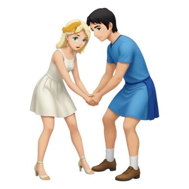Man, black Hair, blue eyes, whole body, Woman, bending knees, blonde, green eyes, White Dress, sticker