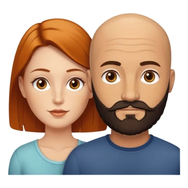 Couple. Bald man with dark brown-black beard. White woman with many small, faded freckles, white skin and she has auburn-yellow-brown-caramel, dark hair. She has light orange-brown eyes. The man have hazel eyes. Retro style. sticker