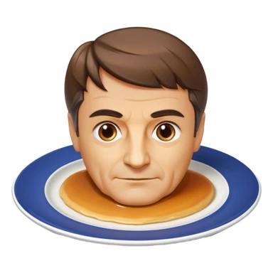 flan shaped as François Fillon's head and shoulders, glossy caramel hair, flan texture, on a white round plate sticker