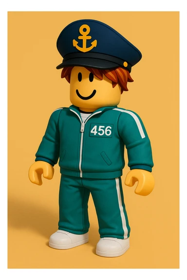 full body Roblox bacon character wearing a Squid Game player tracksuit and a captain hat, playful and bold sticker