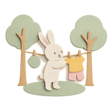 a bunny hanging laundry between trees, calming domestic forest feel, soft pastel colors, paper craft style sticker