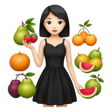 asian young woman in black dress with images of fruits on it sticker