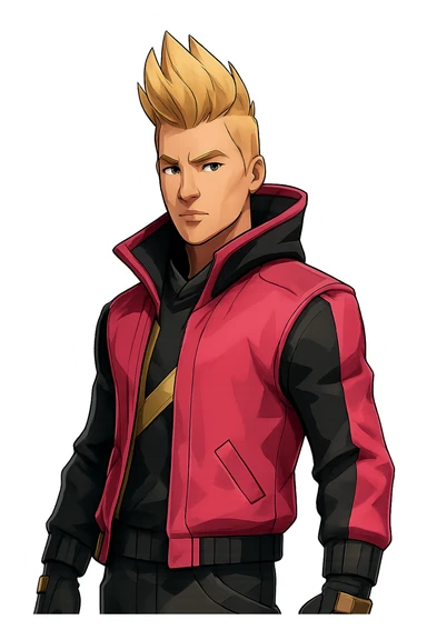 Fortnite Drift skin, unmasked, spiky blond hair, pink and gold jacket, stylized, no text sticker